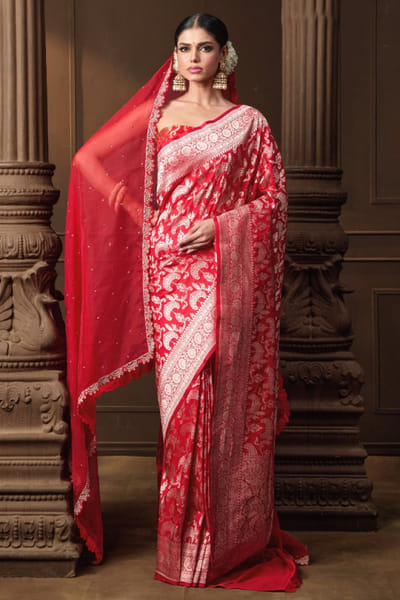 Red hand embroidered veil dupatta