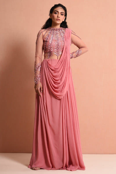 Rose pink 3D embroidered draped sari gown