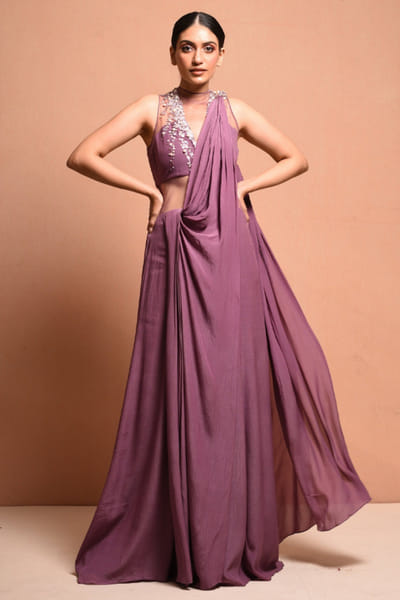 Mauve 3D pearl embellished sari gown