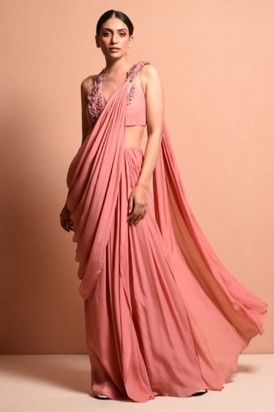 Rose pink 3D embroidered sari gown