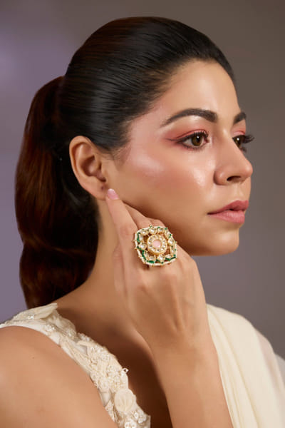 Pink and green pearl-kundan embellished ring