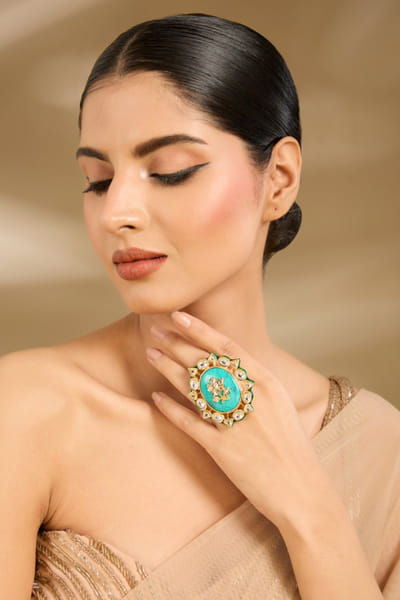 Turquoise stone and kundan embellished ring
