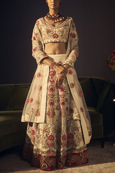 Ivory and red embroidered lehenga set