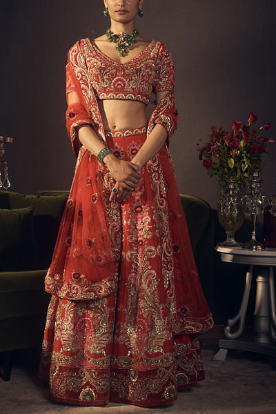 Red and gold embroidered lehenga set