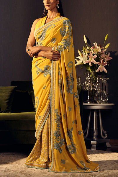 Yellow floral embellished saree