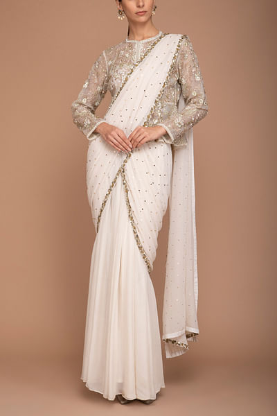 Ivory pre-draped sari