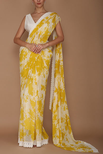 Yellow floral printed sari