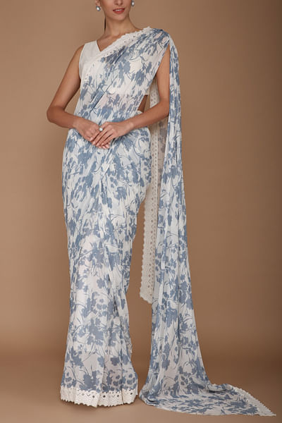 Ivory & blue floral printed sari
