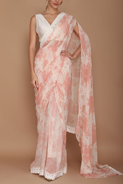 Pink floral printed sari