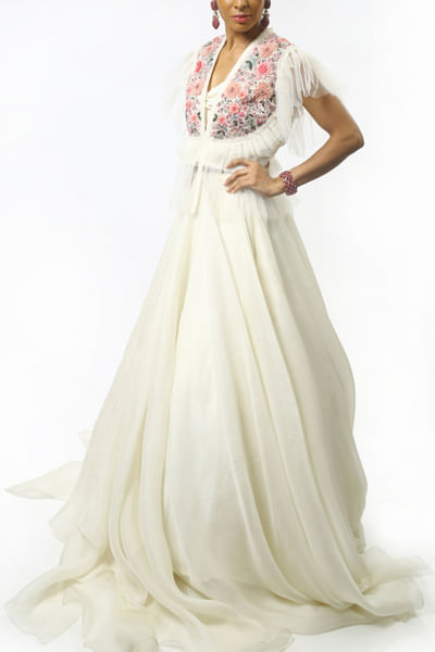 Ivory ruffled cape lehenga set