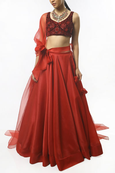 Red floral embroidered lehenga set