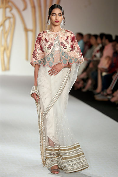 Ivory and gold sari with cape