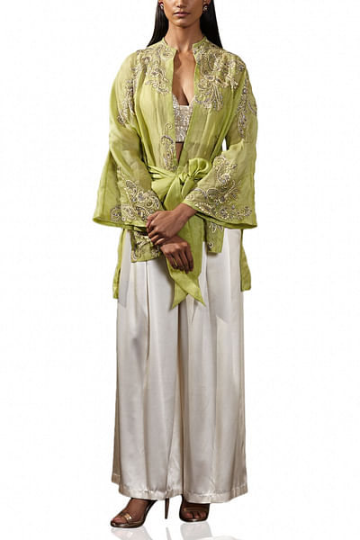 Green embroidered kimono jacket set