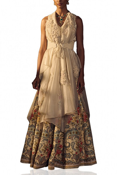 Ivory cape & multicolor lehenga set