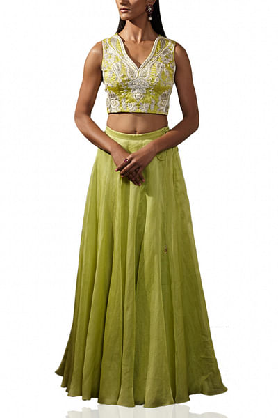 Green embroidered crop top & skirt