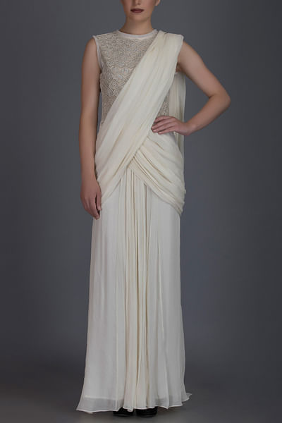 Ivory embroidered sari gown