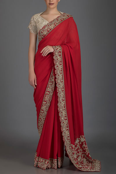 Red embroidered sari