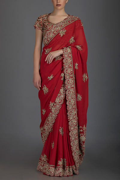 Red embroidered sari
