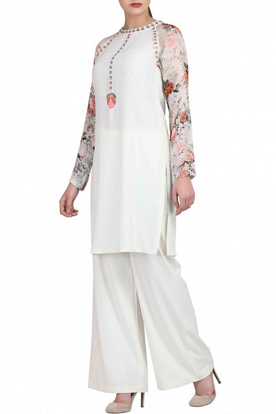 Ivory tunic with sheer sleeves and trouser set