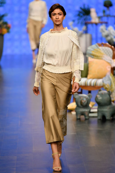 Ivory bomber jacket, top & trousers