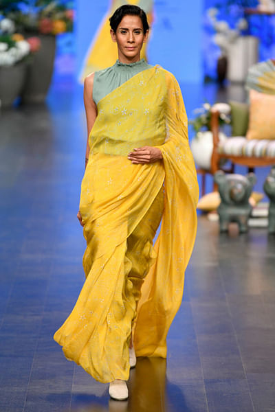 Yellow pre-stitched sari