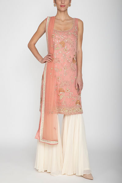 Pale pink & ivory embroidered sharara set