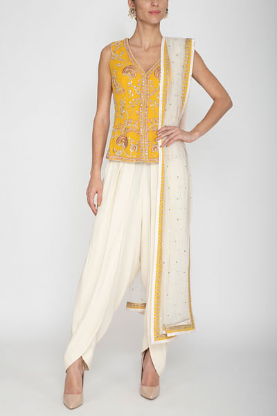 Mustard and ivory embroidered dhoti and top set