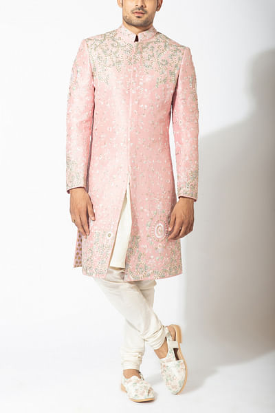Pink raw silk sherwani set