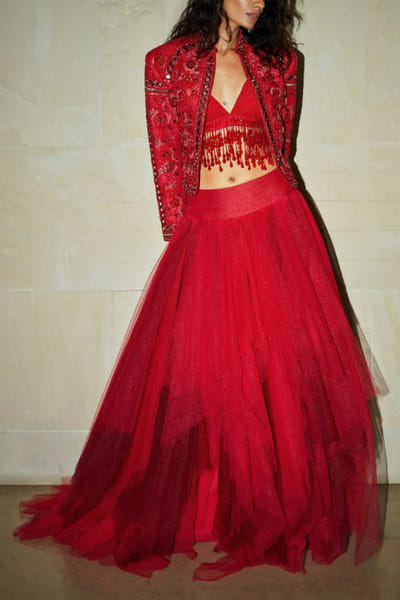 Red tulle skirt and jacket set