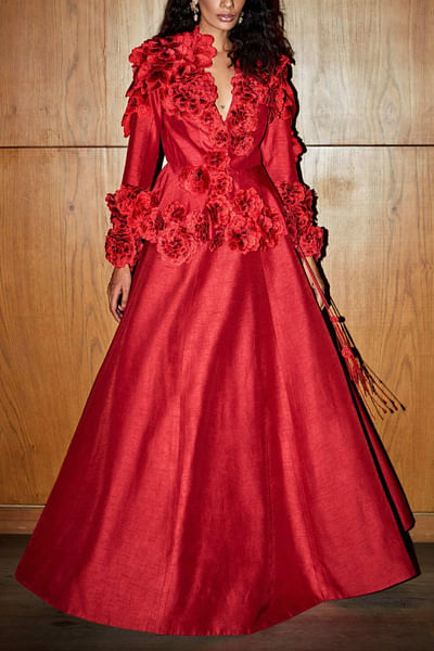 Red peplum top and skirt