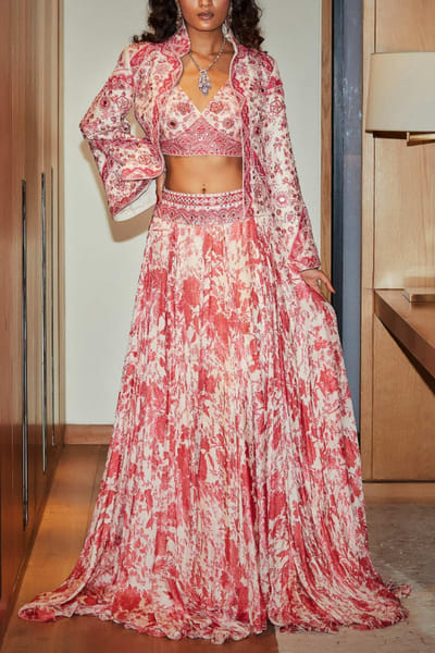 Pink floral skirt and jacket set