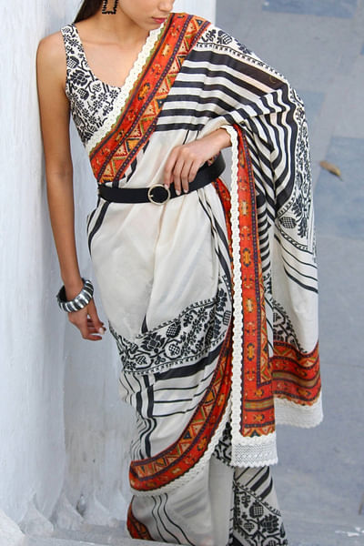Ivory striped printed sari