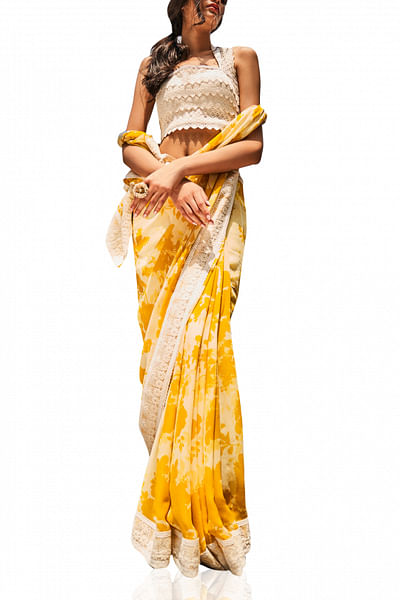 Yellow floral printed sari