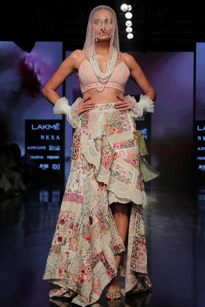 Multicolour patchwork asymmetric skirt set
