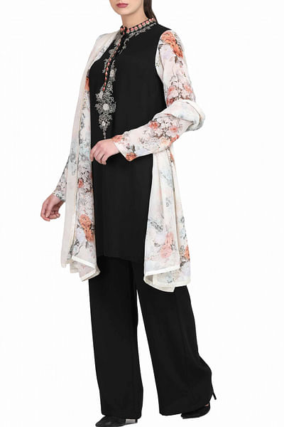 Black tunic and trousers set with printed dupatta