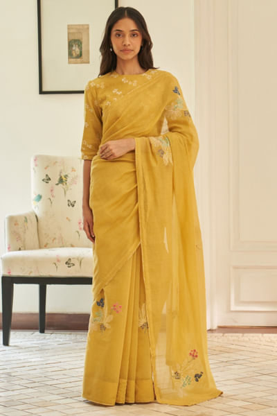 Rue floral thread embroidered sari set