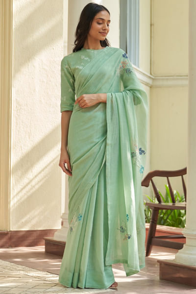 Mint floral thread embroidered sari set