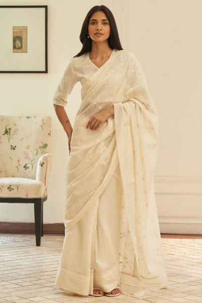 Swan floral tonal thread embroidered sari set