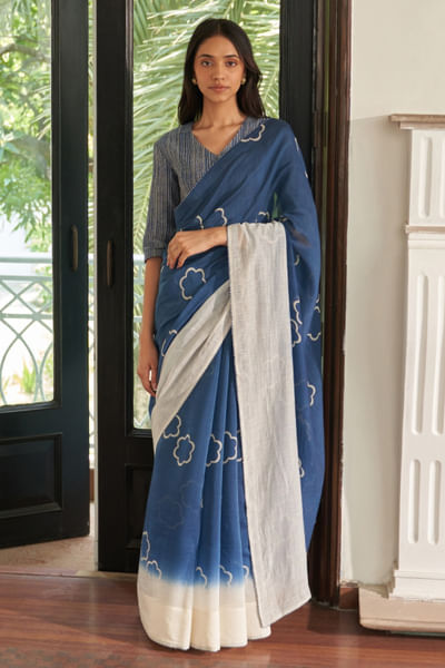 Ocean blue floral printed ombré sari set