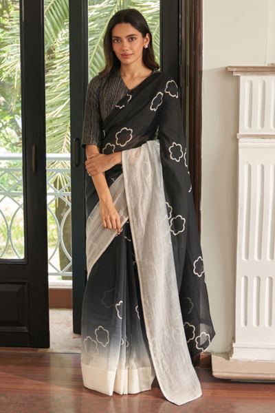 Noir floral printed ombré sari set