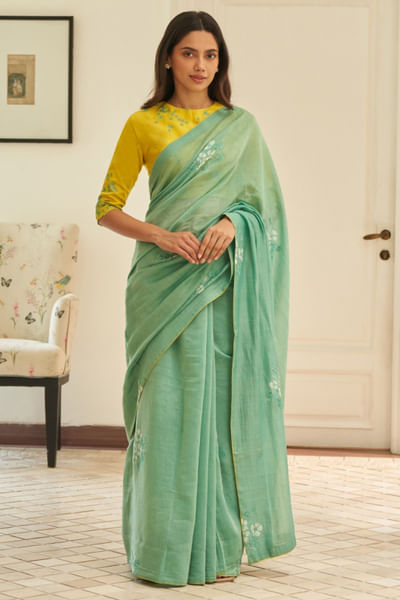 Mint floral print embroidered sari set