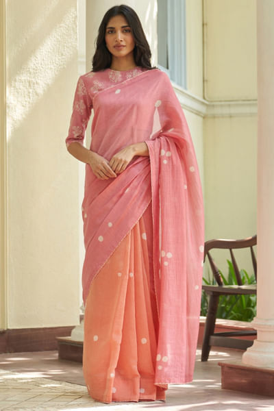 Peony dot printed ombré sari set