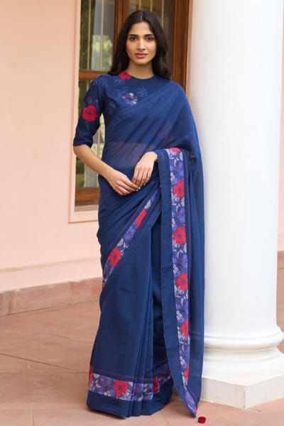 Sapphire floral thread embroidered sari set