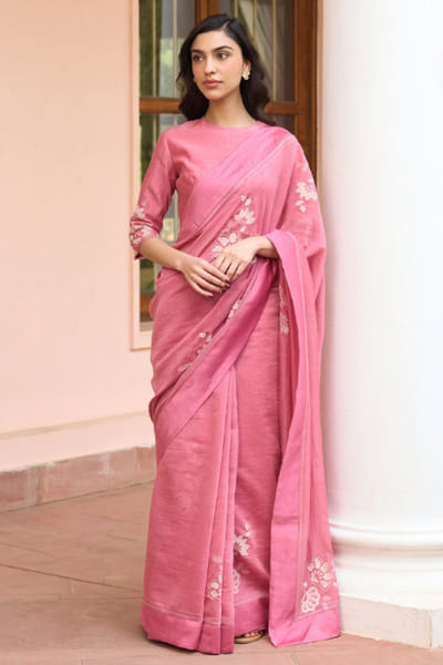 Hibiscus appliqué embroidered sari set