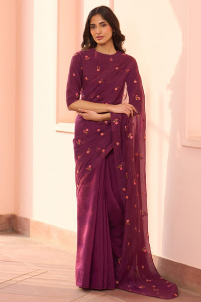 Amethyst floral embroidered sari set