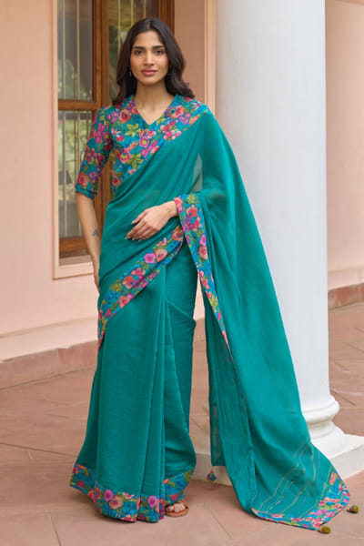 Teal floral printed sari set