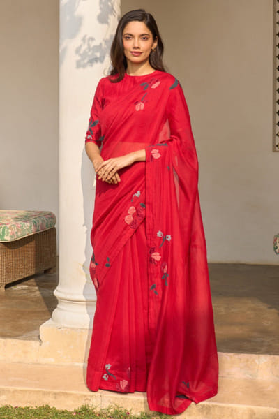 Cherry red applique embroidered sari set