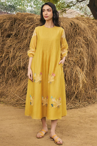 Daffodil pintuck and floral embroidered dress