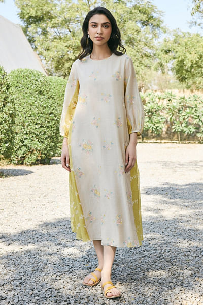 Ecru floral printed and embroidered dress