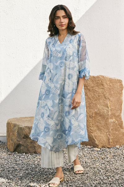 Powder blue floral and stripe printed co-ords